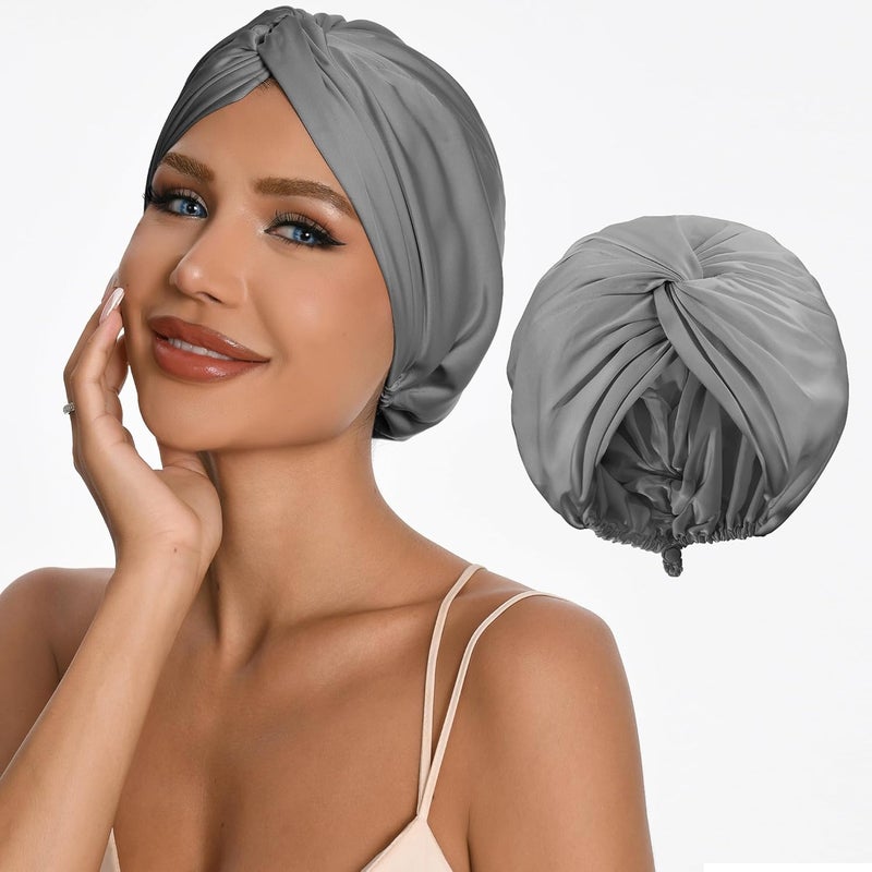 elio Adjustable Silk Satin Hair Bonnet for Sleeping with 5% Mulberry Silk – Double Layer Hair Cap for Women & Men, Extra Smooth Night Cap for Curly, Braided, Natural Hair – Silk Shower Cap (Grey) - Image 1